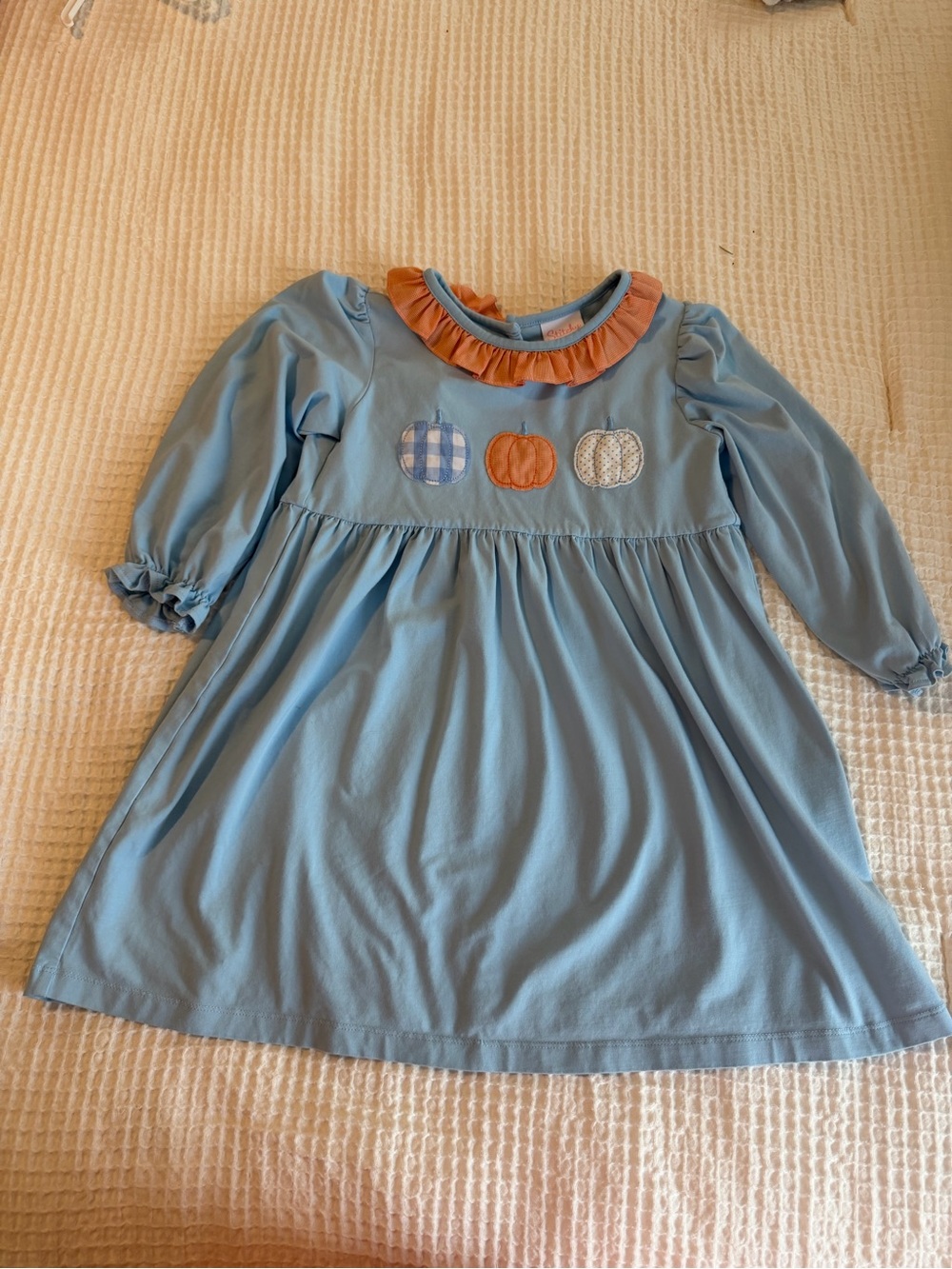 Stitchy Fish Girls Light Blue Pumpkin Applique Long Sleeve Dress